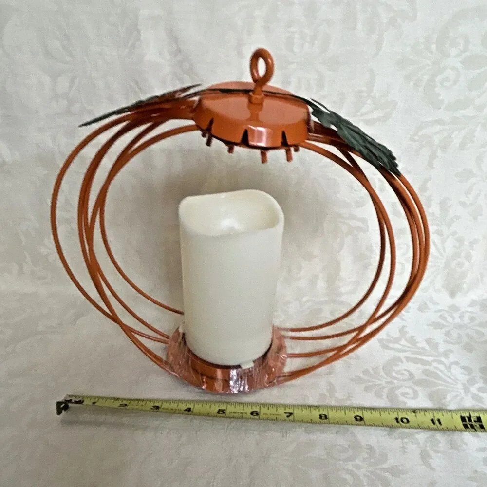 Set of 3 Metal Orange Pumpkin Candle Holders w/ LED Candles, Halloween